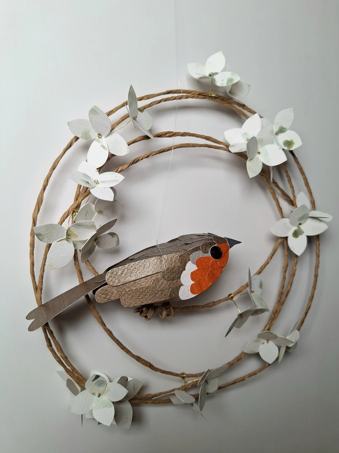 side view of a robin perched on a floral wreath