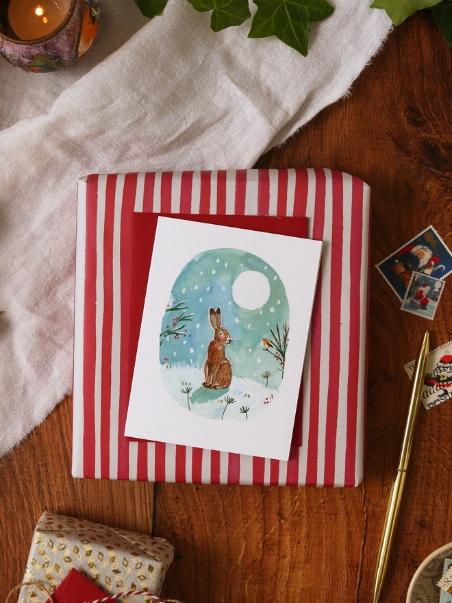 Hare and Robin in Moonlight Mini Christmas Card