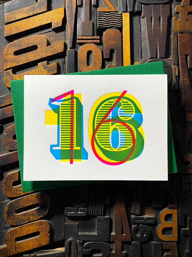 16th birthday anniversary typographic letterpress card. Deep impression print. Unique with no print being the same. They show slight colour variations adding to the style. Also available in other milestones : 1, 2, 3, 18, 21, 30, 40, 50, 60, 70, 80.