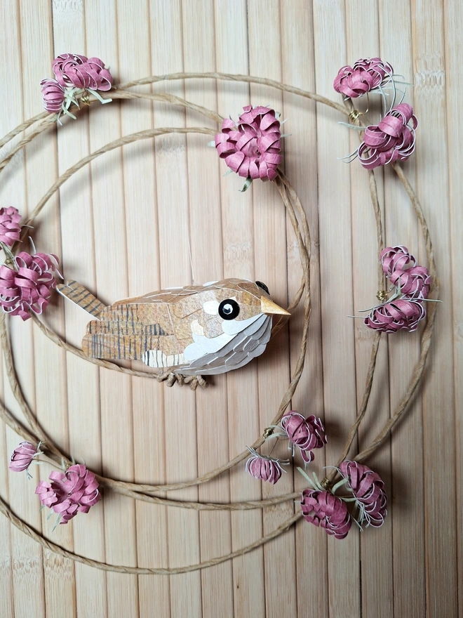 wren bird sculpture on a burgundy flower wreath. Handmade nature themed wall art