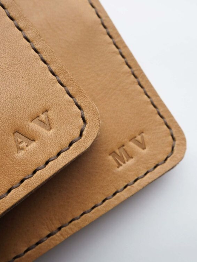 handmade leather personalised passport holder and luggage tag