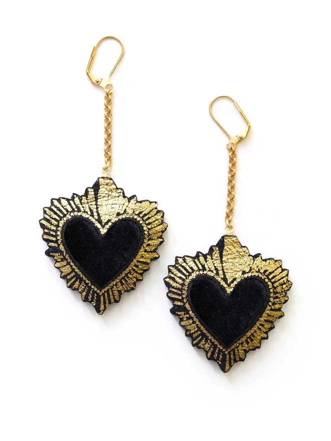 small gold & black sacred heart earrings