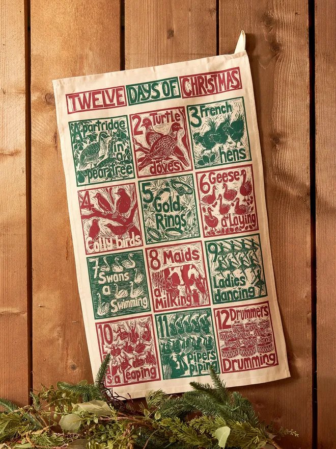 The Twelve Days Of Christmas Tea Towel | Sustainable Organic Cotton | Kate Guy Prints | Red and Green