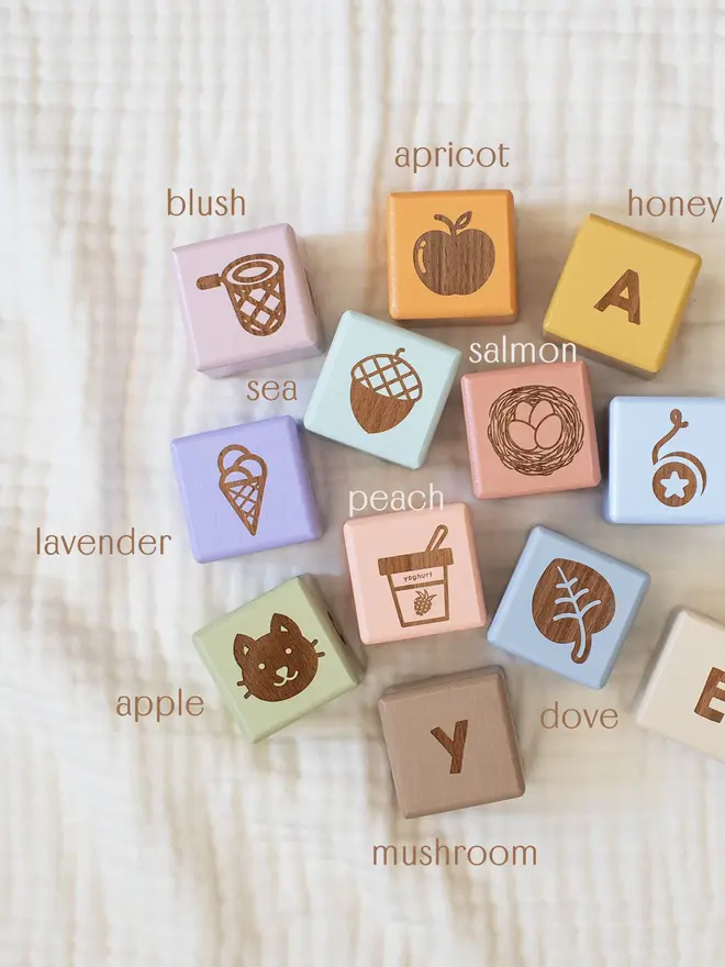 wooden baby letter blocks. a selection of square wooden blocks with engraved letters and illustrations, in various colours. 