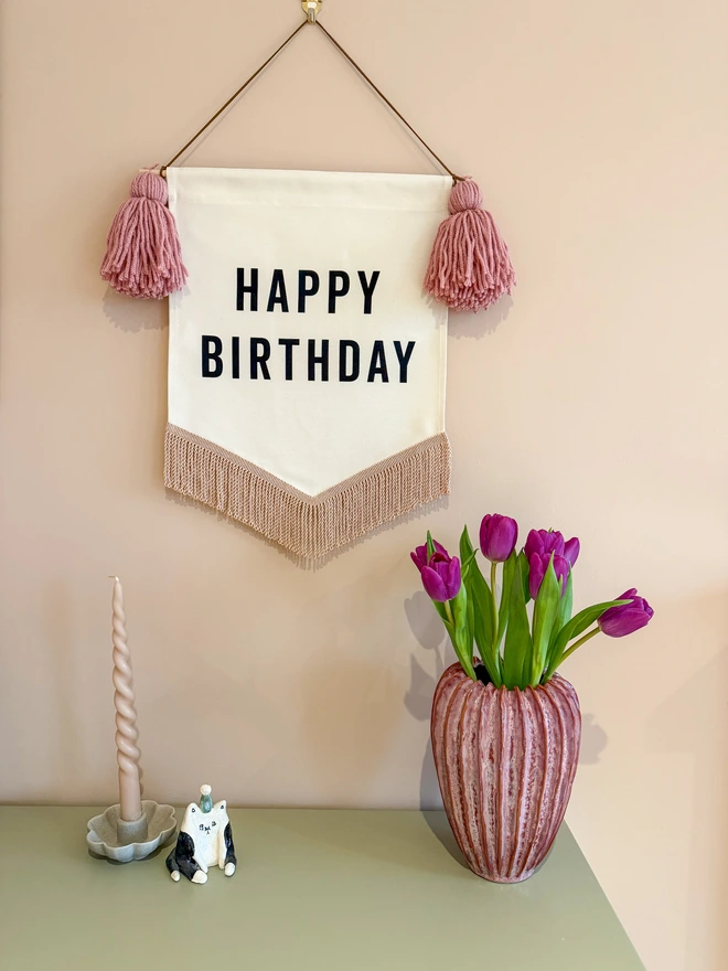 Small Handmade fabric Happy Birthday Banner with a choice of coloured tassels and trim