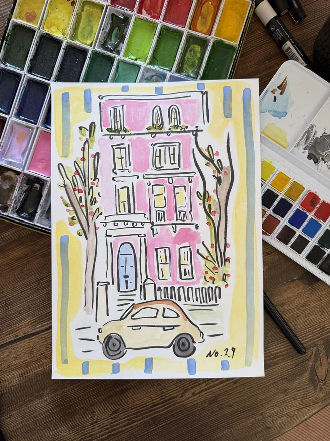 House Illustration portrait pink london townhouse
