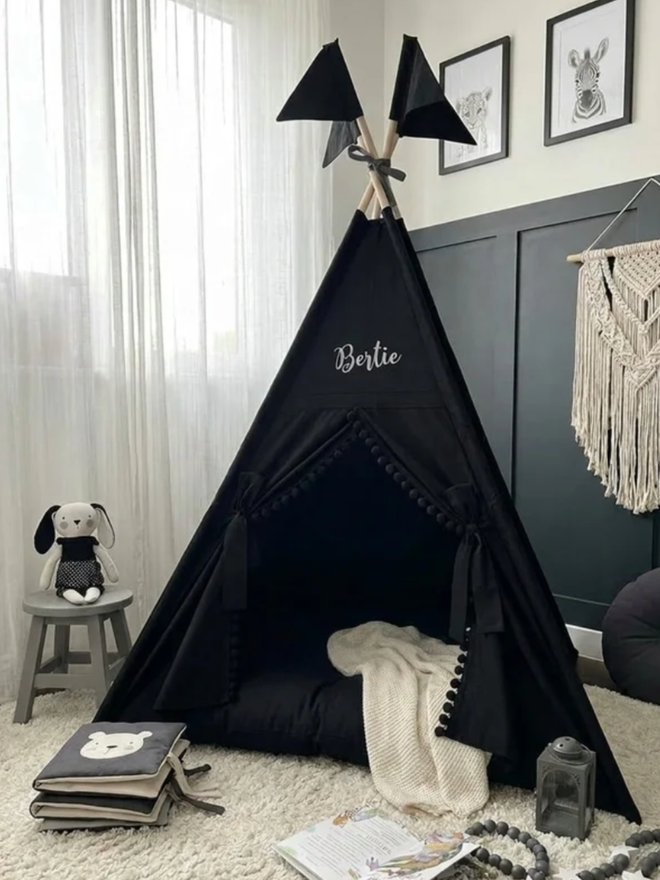 Personalised Black Kids’ Teepee. A black teepee in a child’s bedroom.