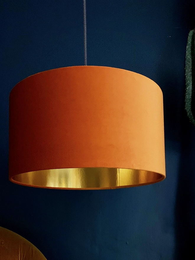Rust Orange Velvet Lampshade With Gold Foil Lining.