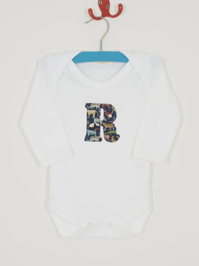 white bodysuit with Liberty Print Initial in Quey 2 print 