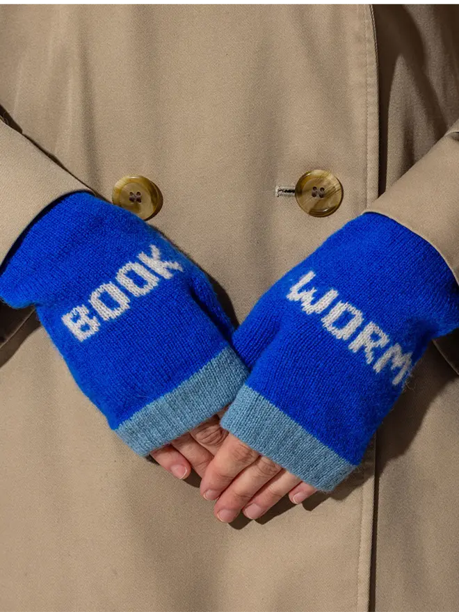 Fingerless mittens - Trim - Petrol, Main - Klein, Book Worm wording Ecru