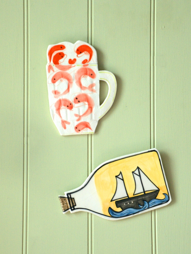 seaside, ship in bottle, ceramic, handmade, pint of pranws.