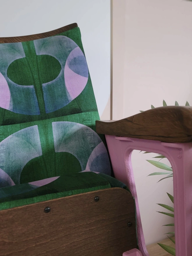 Vintage cinema seat with pink painted metal and green and pink Boucle velvet