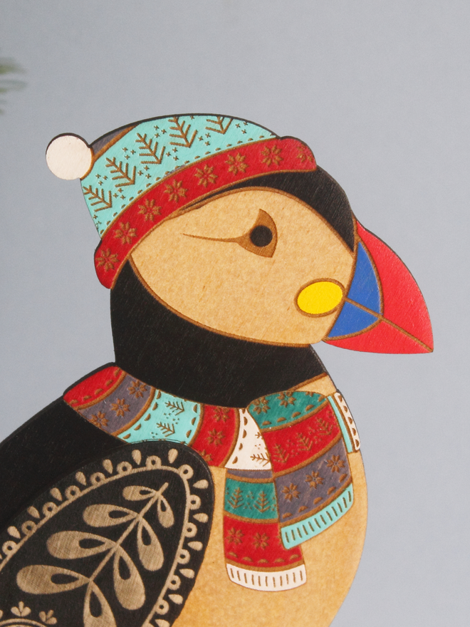 Festive Christmas Hand Painted Wooden Standing Puffin Bird Decoration