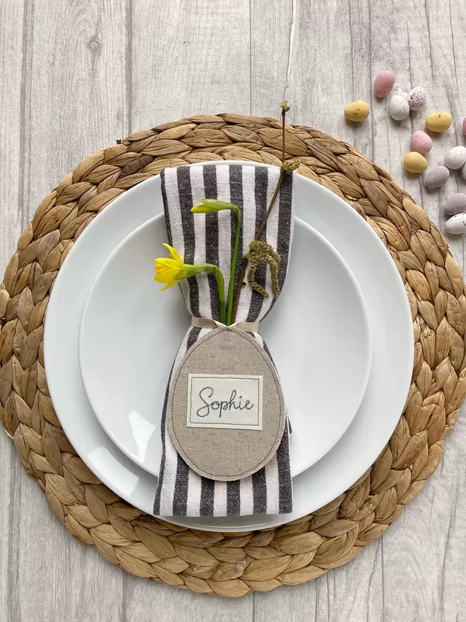 Embroidered linen Easter egg place setting