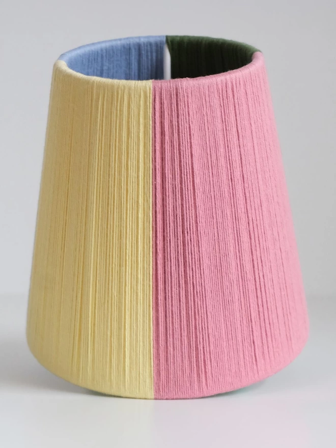 Quarter colourblock lampshade upright showing yellow and pink