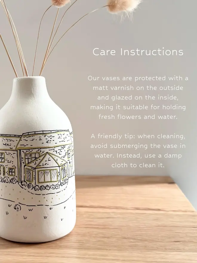 Care instructions for the custom wedding venue hand drawn vase