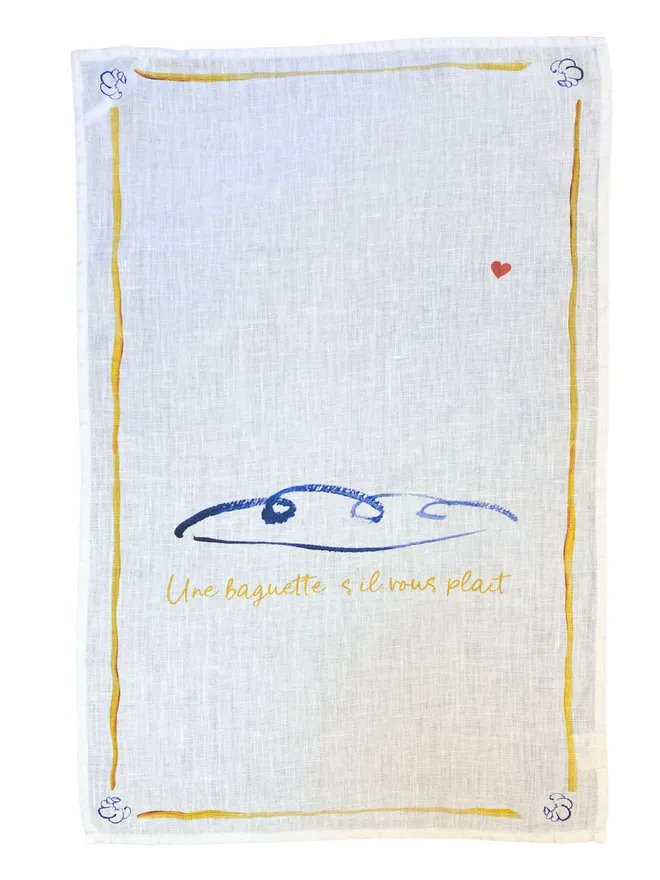 Linen teatowel with hand drawn baguette in a whimsical style