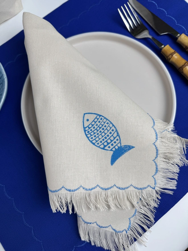 Blue Fish Block Printed Cloth Napkins (Set of 2)