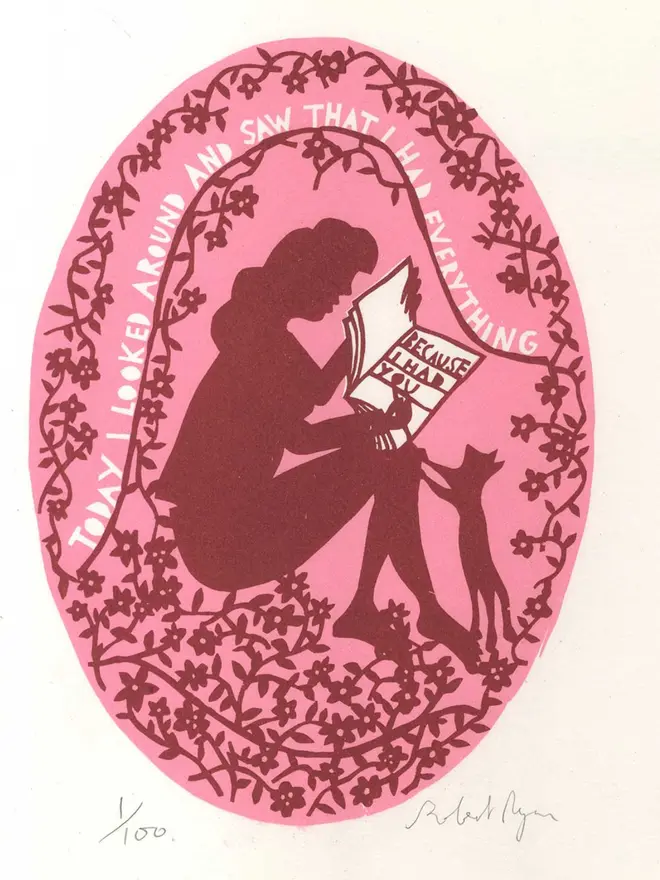  'I Had Everything Because I Had You' Pink Screenprint of a woman reading on a bush 