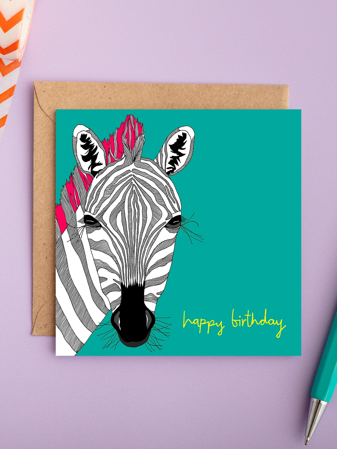 Colourful birthday card featuring a zebra