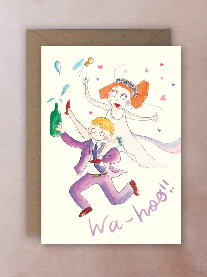 Wedding celebration card. A Bride rides on her Groom's shoulders whilst celebrating with champagne