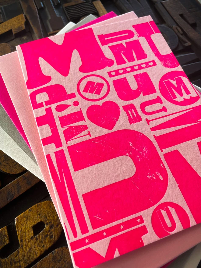 A deep impression letterpress printed mother's day card. Fluorescent pink ink on traditional printed type blocks. Printed bt hand on my 1915 Arab Crown Folio Press. Comes with a range of matching coloured envelopes.