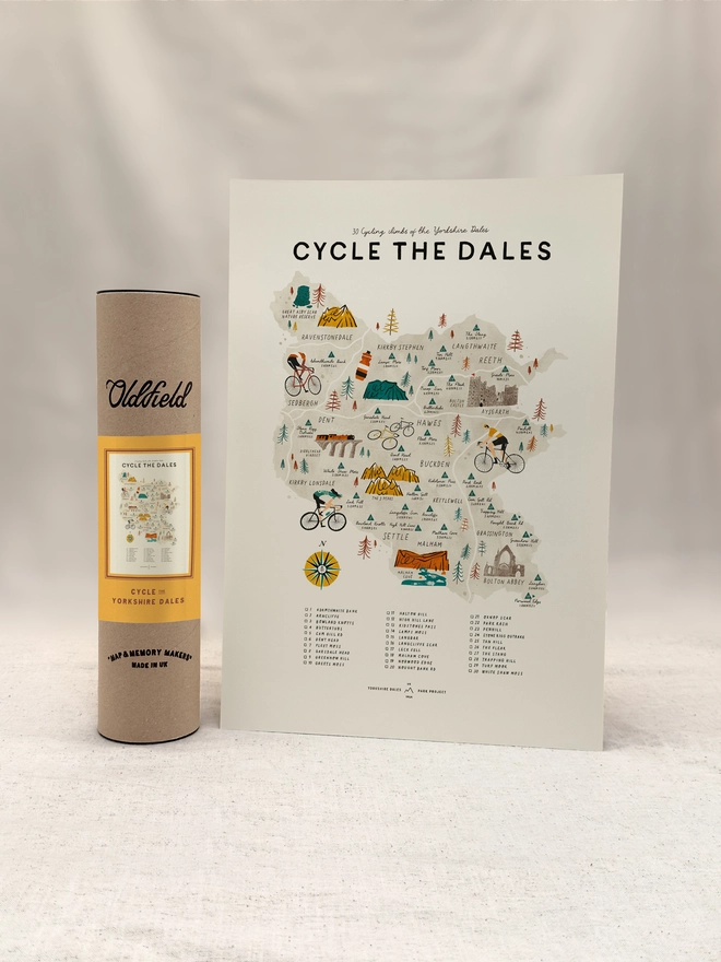 Cycle the Dales map print with tube packaging
