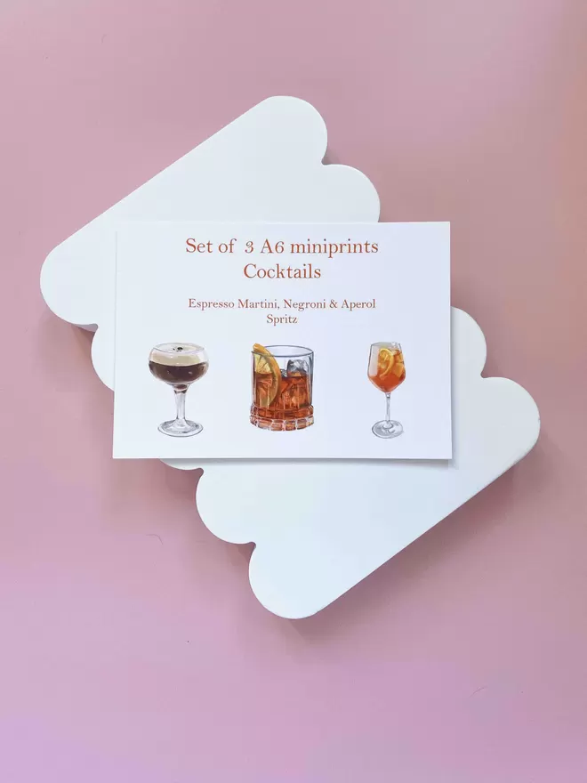 Postcard mini prints with three cocktail themed illustrations - Negroni, espresso martini and Aperol Spritz