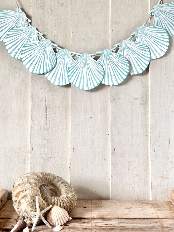 Teal Shells Linocut Garland.Hand Printed Seaside Shapes