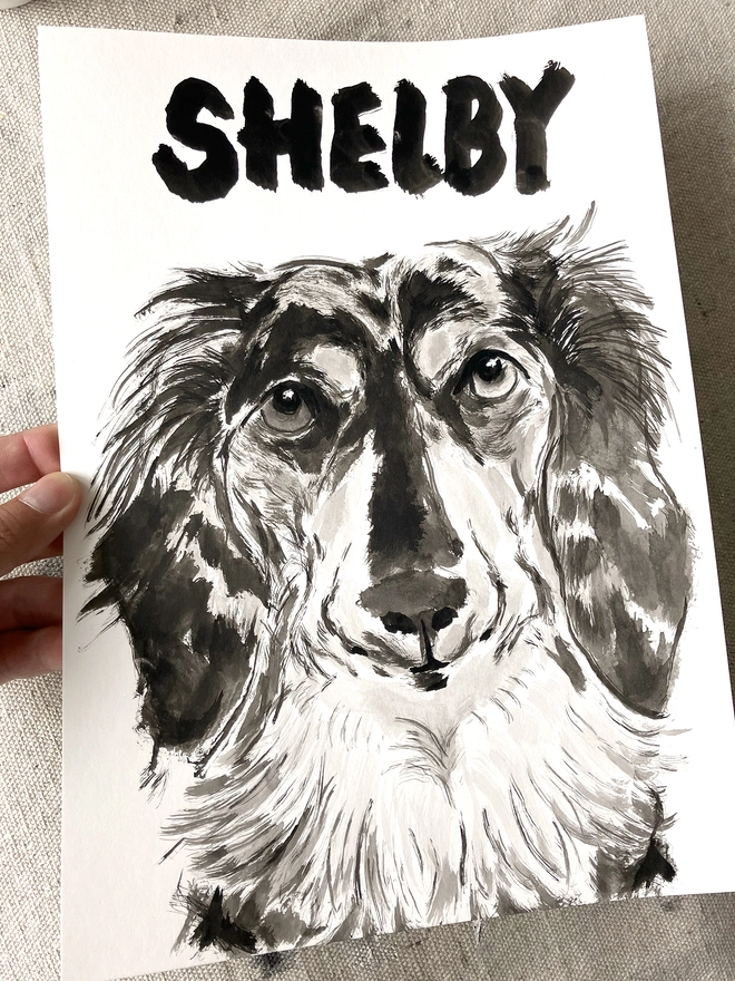 A hand holding a personalised dog portrait of a long haired dachshund