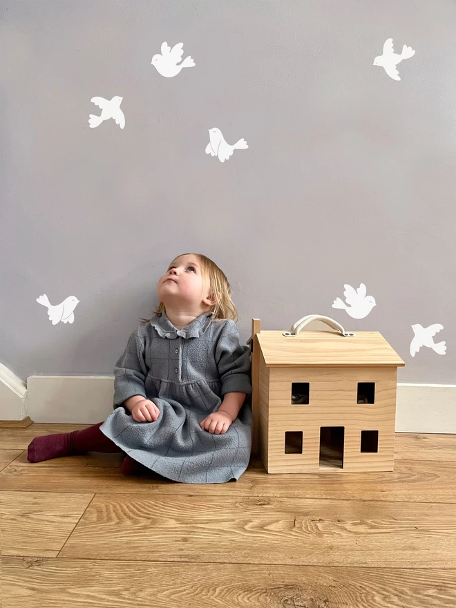 White Bird Wall Stickers on Grey wall in girls nursery bedroom with dolls house