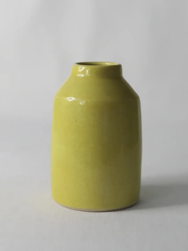Classic Bud Vase, a colourful ceramic vase sitting on a plain surface against a white backdrop. 