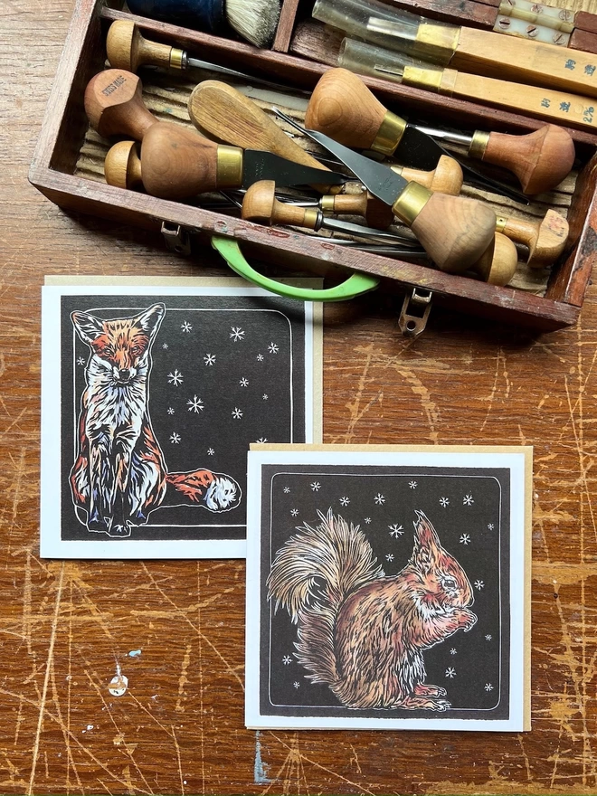 fox and red squirrel snowflake cards