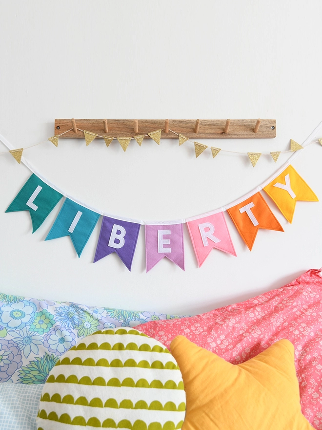 blue and pink name bunting.