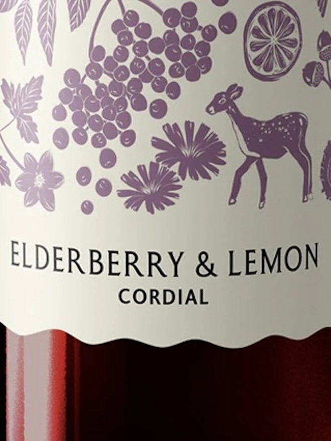Elderberry & Lemon Cordial (Set Of 1, 2, 3 Or 4), the label of the cordial. 