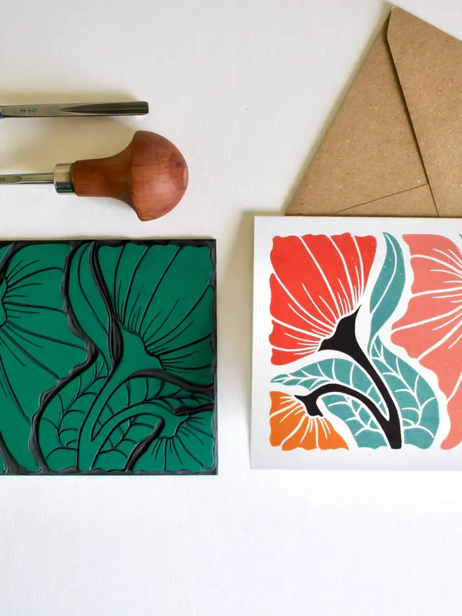 happy floral linocut card