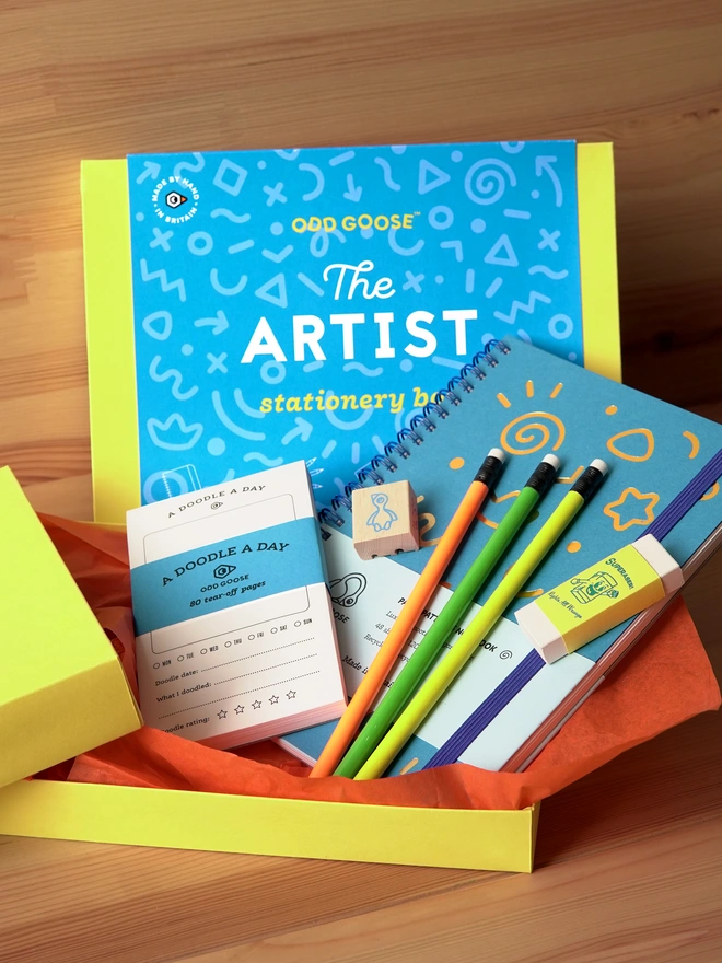 Artist Stationery Box, with Notebook, Doodle Pad, Pencils, Sharpener, Eraser