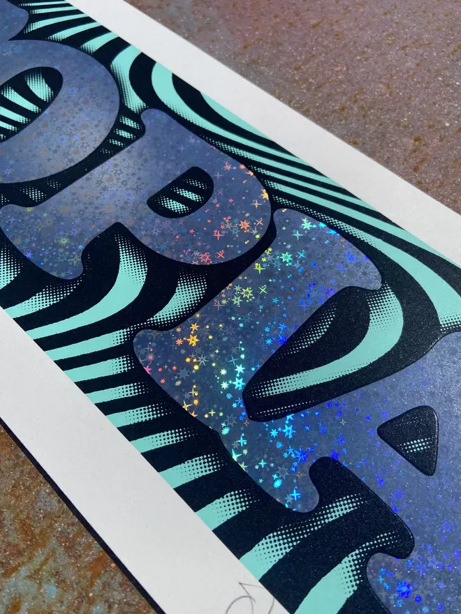 metallic Hot Foil Stamp "Utopia" typography Swirl background  Hand-Pulled Screenprint