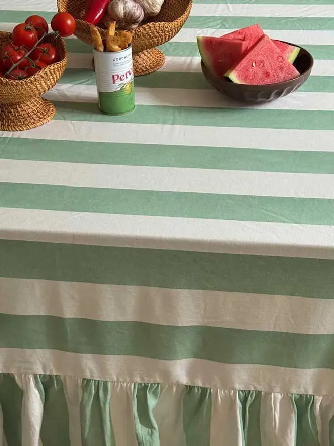 Riviera Winter Mint Striped Tablecloth Ruffle 
