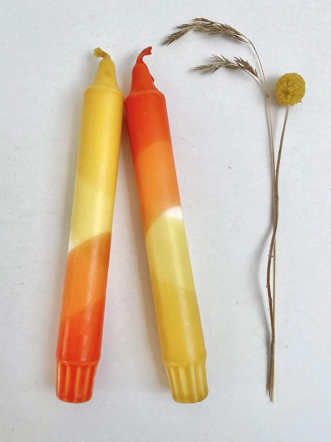 Rust Red & Mustard Yellow Dip Dyed Dinner Candles (Set Of 2)