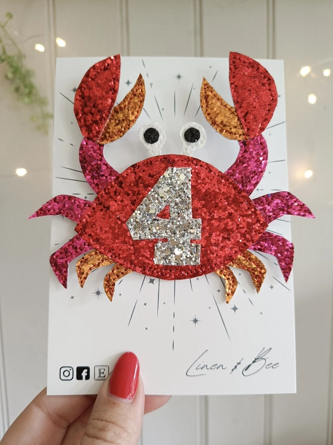 Personalised Glitter Crab Birthday Badge. 