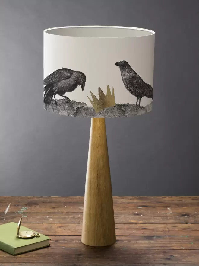 Mountain and Molehill – Ravens Lampshade  on a desk with a book