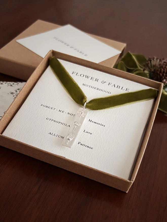 Sterling Silver Motherhood Bar Pendant ~ moss green ribbon