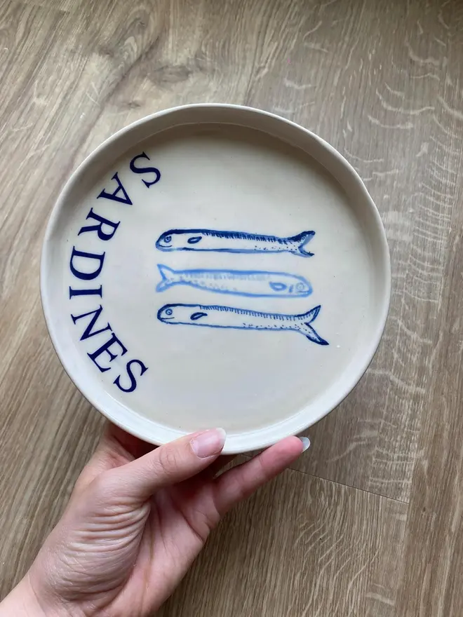 'Sardines' Ceramic Side Plate With 3 Blue Fish 