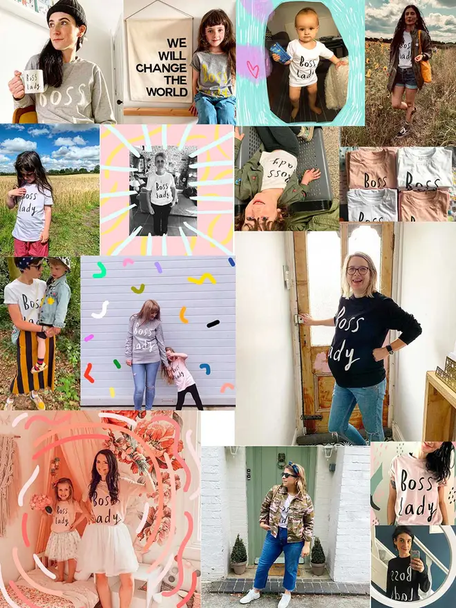 A collection of strong independent women and girls wearing the iconic Boss Lady t shirt