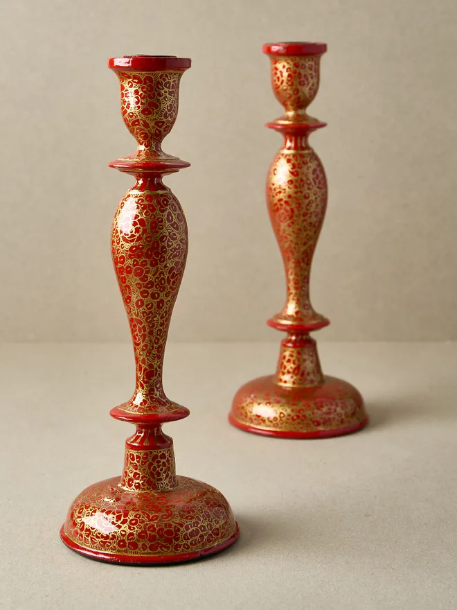 12'' Red & Gold Wooden Candle Stick Holder 