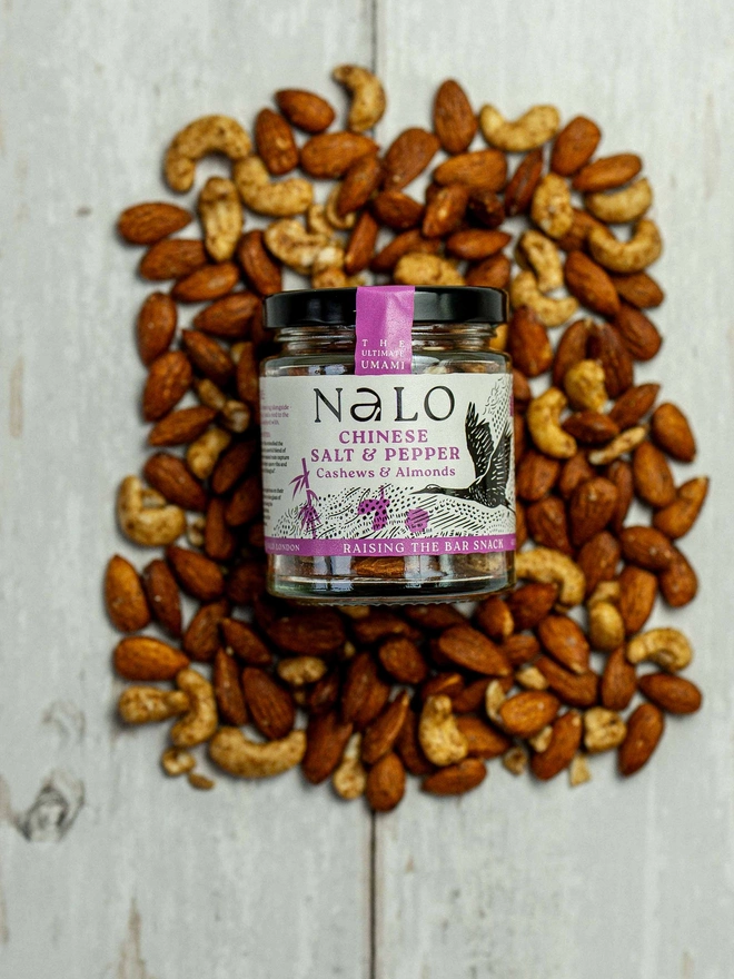 Chinese Salt & Pepper Cashews & Almonds (Set Of 6), displayed on a wooden table