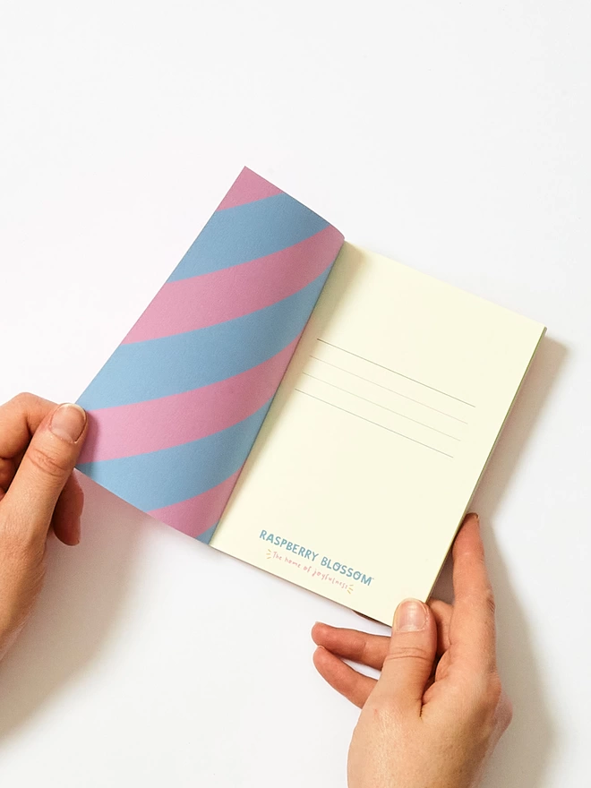 Inside the pink notebook the inside cover has a striking blue and lilac stripe design