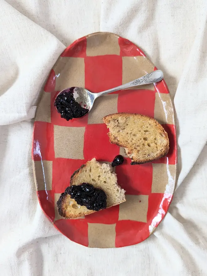 Red Checks Oval Serving Plate
