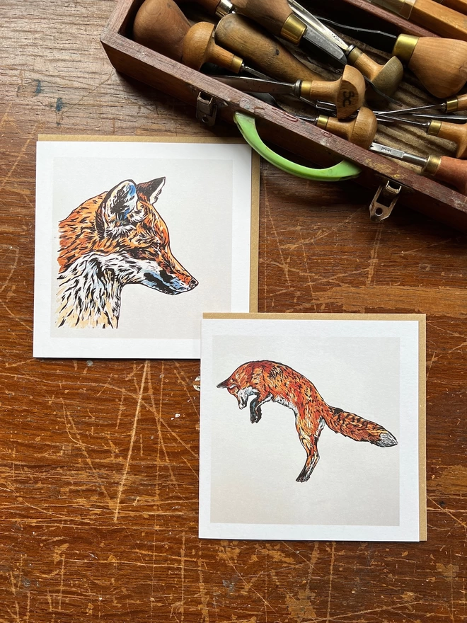 pair of fox art cards